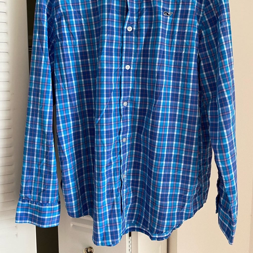 Size Large. Vineyard Vines Whale (polyester & nylon) button down shirt.